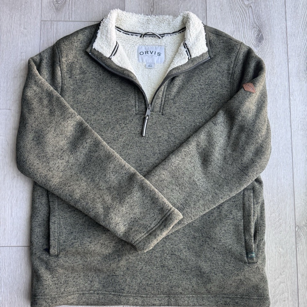 ORVIS Men's 1/4 Zip Sherpa-Lined Pullover Sweater Large Olive Green Pockets